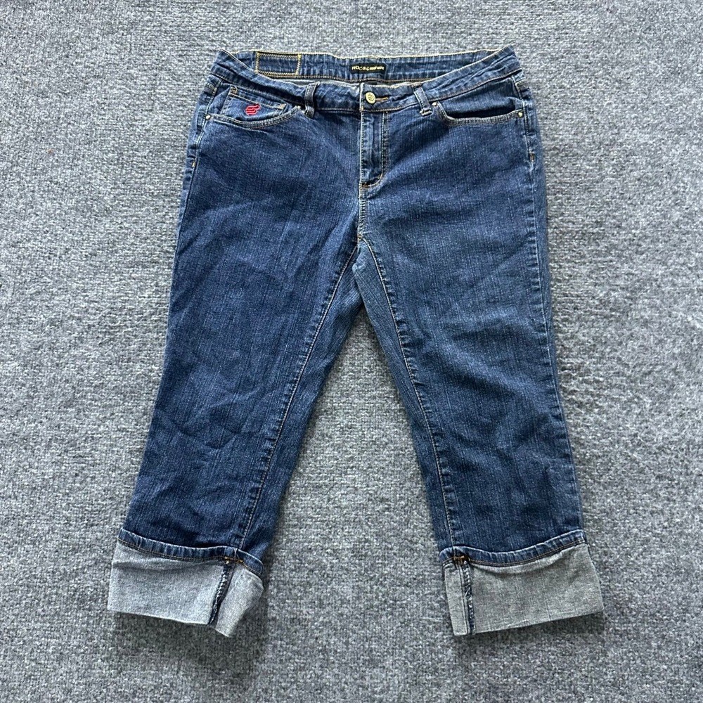 Rocawear Capri Jeans Womens Size 13 Blue Denim Stretch Embroidered Logo Cuffed